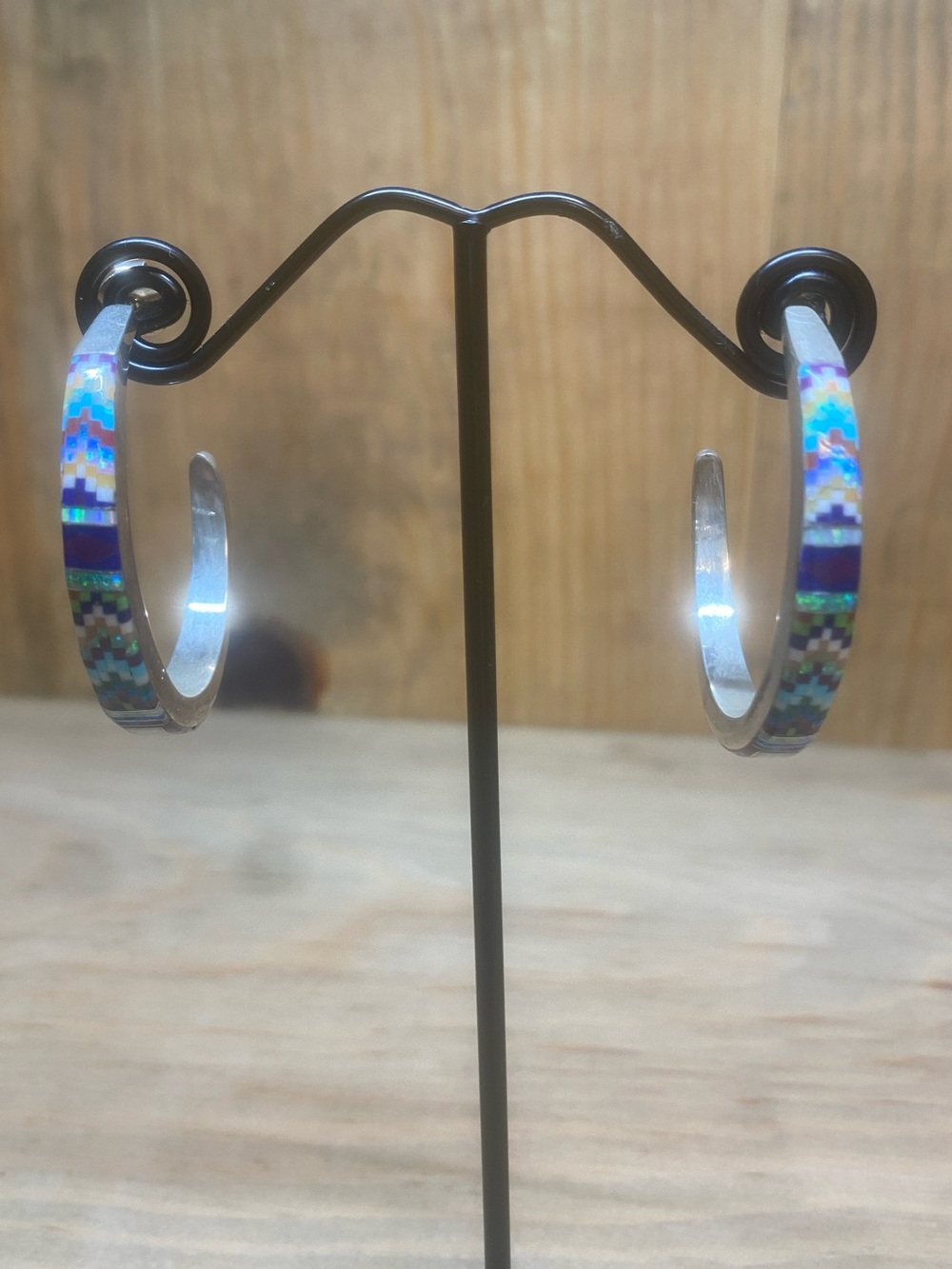 Zuni Hoop Earrings Jewelry Native American Opal Sterling Silver Indigenous Inlay - Picture 3 of 11